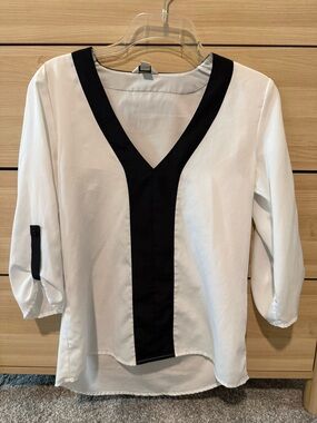 Guess White Blouse with Black V-Trim